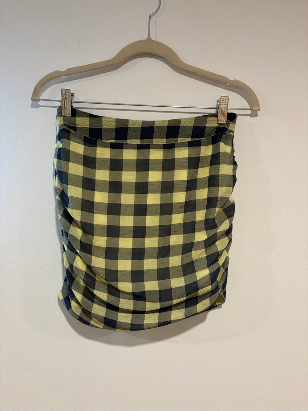 Yellow and NavyPlaid Ruched Mini Skirt